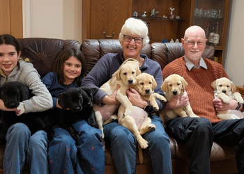 Two brood volunteers holding 6 pups